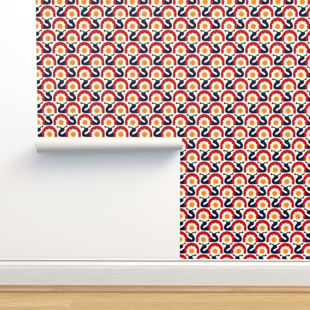 Yellow Red Retro Snail Modern Folk Shell Slug Scandinavian Floral Scandi Small Scale Custom Removable Wallpaper by Spoonflower Peel & Stick Wallpaper 2FT Wide
